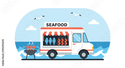 Modern vector illustration of seafood food truck near harbor serving grilled fish and shrimp. Coastal travel street food concept with tourists, outdoor dining and seaside lifestyle scene