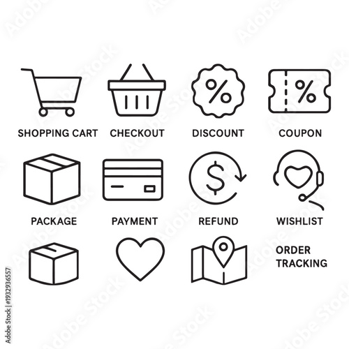Flat E-Commerce Icon Set – Shopping, Payment, Delivery, and Support Vector Icons