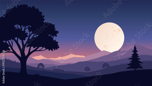 Vector Illustration of a Serene Dusk Landscape with Moonlit Silhouetted Trees and Distant Mountains