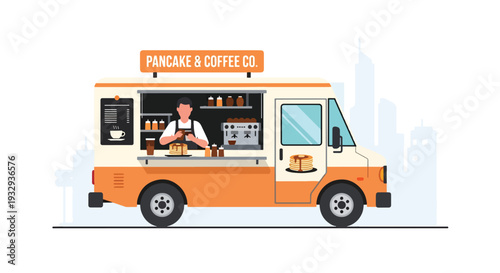 Modern vector illustration of breakfast food truck serving coffee and pancakes during morning rush hour. Mobile street cafe business concept with commuters buying takeaway food in city scene