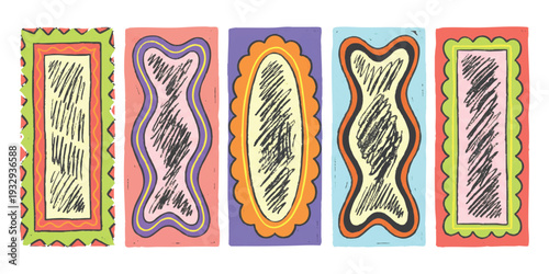 Set of hand-drawn colorful decorative banners with sketchy textures and wavy borders for creative design projects vector illustration