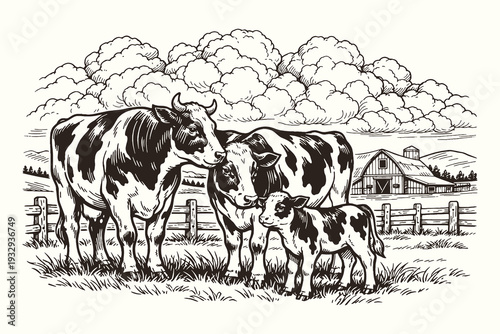 Vintage engraving line art vector illustration of dairy cows with calf on pasture, detailed black and white farm landscape sketch
