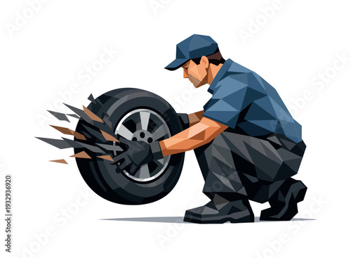 Low-poly vector illustration of a mechanic performing a rapid wheel change, single auto mechanic with sharply faceted anatomy and