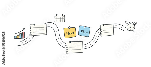 Milestone roadmap path, notebook strips as checkpoints, mini chart and calendar icons, pinned sticky notes for Laundry schedule