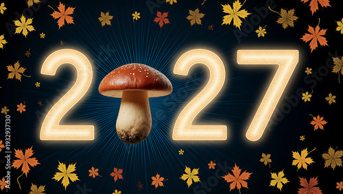 Glowing 2027 text with a real mushroom replacing the zero, surrounded by falling autumn leaves on a dark background. Creative fall season concept for the year 2027.