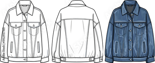 Denim Jacket Technical Sketch, Oversized Jean Jacket Flat Vector Illustration Template