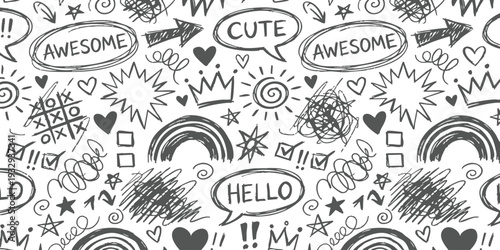 Hand drawn doodle with creative sketches hearts stars speech bubbles and arrows in black ink vector illustration in white background