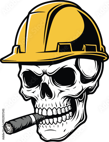 A skull wearing a yellow hard hat and smoking a cigar