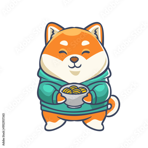 Cute Cartoon Shiba Inu Holding Bowl of Noodles Illustration