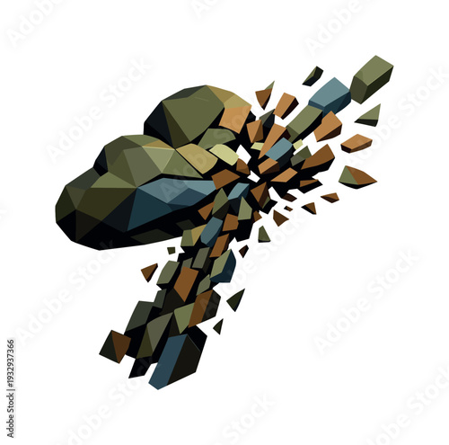 Low-poly vector illustration of a cloud upload stream encountering tension, fragmented angular data blocks colliding mid-air to