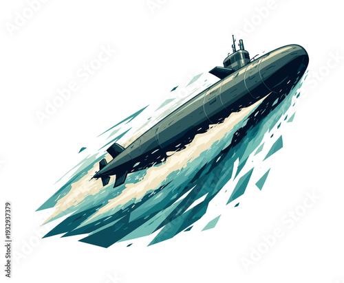 Low-poly vector illustration of a submarine accelerating upward during ascent, dynamic diagonal composition with the hull slicing
