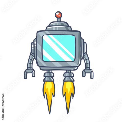 Cartoonish Funny Robot Character Flying with Jet Pack Engine Illustration
