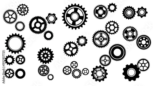 Assorted gears and cogs arranged in a collection viewed from directly above