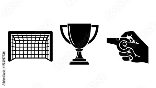 Hand holding camera near soccer goal and trophy