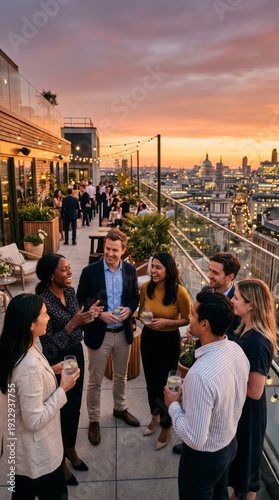 Networking Event at Rooftop Bar Networking Rooftop Bar Sunset Professionals Social Gathering City Skyline Cocktails. Concept featuring networking, rooftop bar, sunset, professionals, social gatheri...