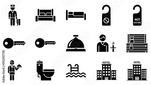 Collection of simple black icons representing hotel services and amenities on a white background viewed from a straightforward perspective