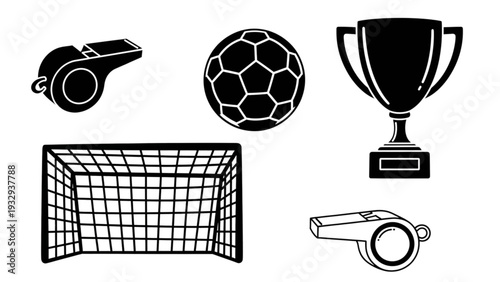 Illustration of soccer elements including ball, trophy, whistle, and goal from a straightforward view.