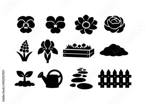 Solid vector icons of garden spring flowers: pansy, viola, anemone, ranunculus, muscari, iris, gardenbed, soil, sprout,