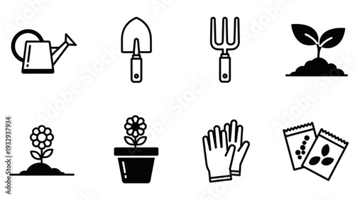 Gardening icons collection featuring tools and plants in a simple illustration style