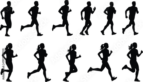 Black Silhouette Set of Male and Female Runners Jogging in Different Poses Isolated on White Background for Sports and Fitness Design