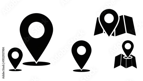 Various map pin icons indicating different locations and navigation points in a digital illustration