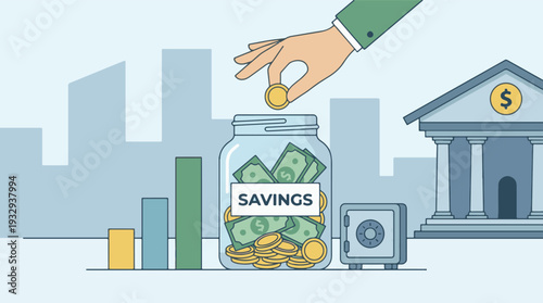 Financial savings and investment concept with hand depositing coin into jar