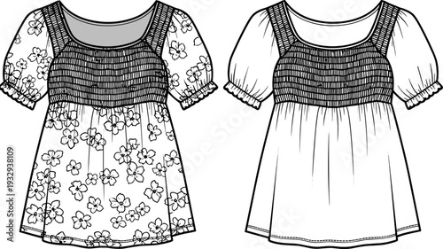Fashion Flat Sketch of Women's Smocked Floral Peplum Top with Puff Sleeves Illustration