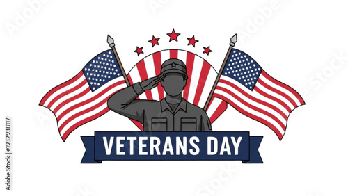 Veterans Day tribute illustration featuring salute soldier and American flags