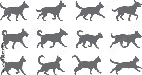 A collection of black silhouettes of cats in various dynamic poses and positions