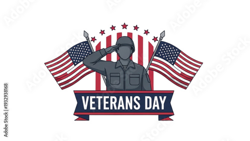 Veterans Day tribute illustration featuring salute gesture and American flags