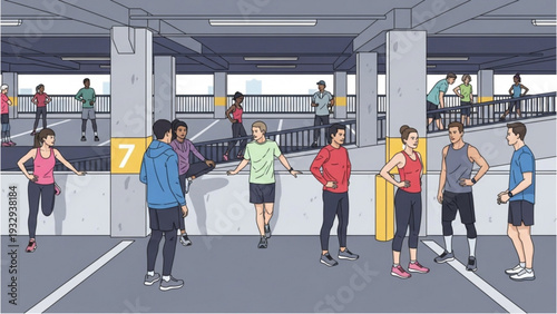 People exercising together in a modern underground parking garage with concrete pillars and staircases visible in the background.