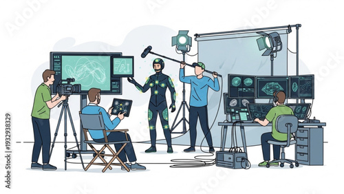 Team of professionals working together in a studio recording a scene with cameras and equipment from a director's viewpoint