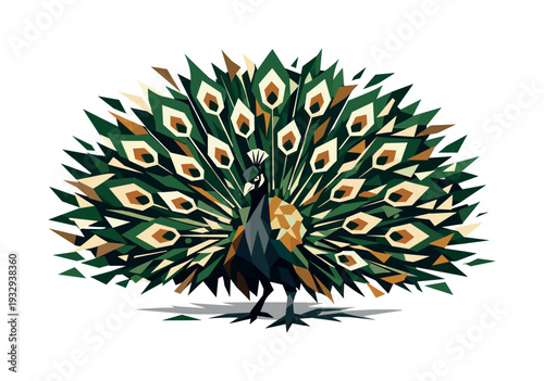 Low-poly vector illustration of a peacock holding peak tension mid-display, tail fully spread but vibrating with angular strain,