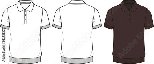 Flat Technical Sketch of Men's Polo Shirt, Front and Back View, Short Sleeve Tennis Shirt Illustration