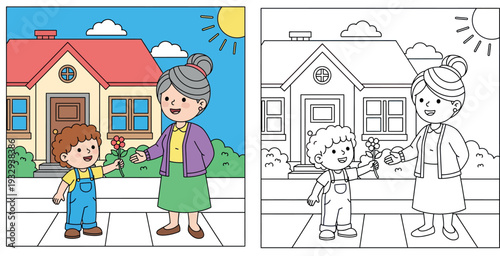 Cute cartoon boy giving a red flower to his grandmother outside a house, vector illustration