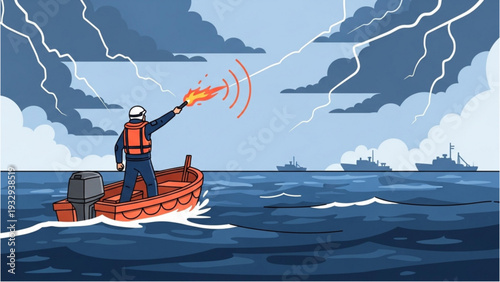 Man operating distress signal on boat amidst stormy sea with ships in background