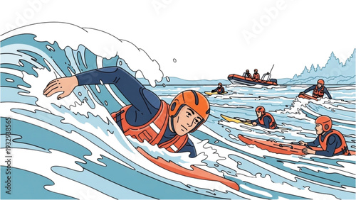 Rescue operation in progress, lifeguard surfing on a wave towards people in distress in the ocean