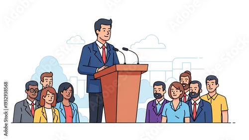Man in blue suit standing at podium addressing diverse audience from various professions in a formal setting