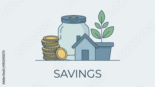 Savings concept illustration with money, house, and growing plant