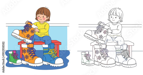 Cute cartoon little girl sitting on a bench holding a giant winter boot, vector illustration