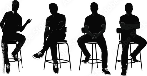Black Silhouette Set of Men Sitting on High Stools in Different Poses Isolated on White Background for Casual Design Projects