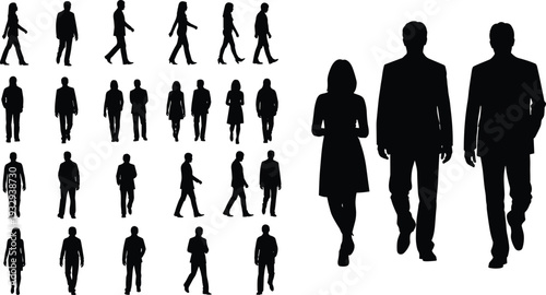 Business People Walking Silhouette Collection Featuring Professional Men and Women Active Cyclists Modern Transport Vehicles and Urban Sparrow Bird Illustrations