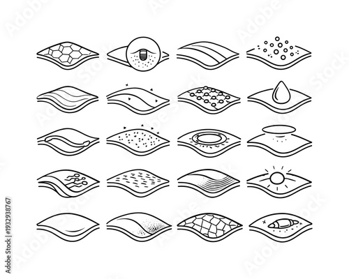 Line style icons of bio-LED expressive skin: glowing pattern patch, micro-LED pore, luminous stripe, radiant dot cluster,