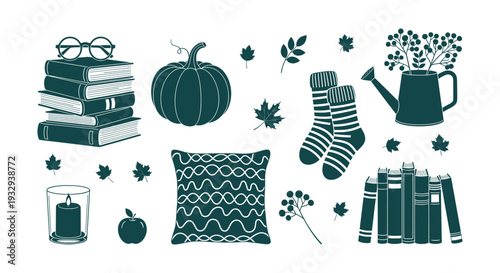 Beautiful Autumn Fall Cozy Home Elements Collection with Books Pumpkin Leaves and Socks