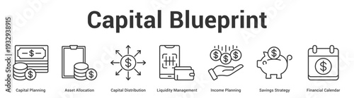 Capital Blueprint web banner icon set vector illustration concept for business with icon of Capital Planning, Asset Allocation, Capital Distribution, Liquidity Management, Income Planning, Savi.