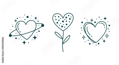 Cute Doodle Hearts Celestial and Floral Outline Vector Illustration Set Love Romance