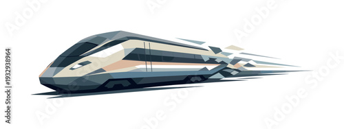 Low-poly vector illustration of a train sustaining smooth high-speed travel, streamlined angular posture with motion stabilized
