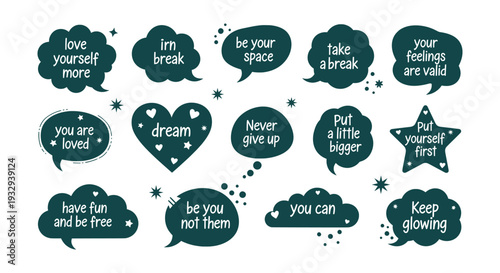 Inspirational Hand-Drawn Motivational Self-Care Quote Speech Bubbles Vector Set for Wellness