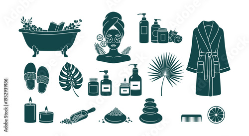 Serene Spa Relaxation Ritual Vector Icon Set for Wellness and Personal Care