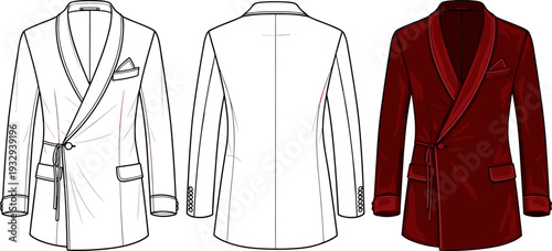 Men’s Double Breasted Shawl Collar Blazer Technical Sketch, Front and Back View Flat Illustration